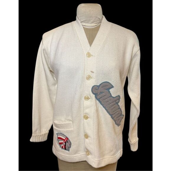 Varsity Sweater Vintage 1968 Indians Button Front V-Neck White - Picture 2 of 12